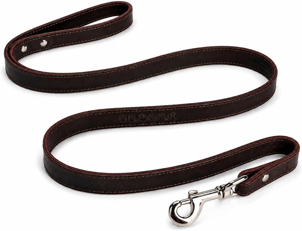 FIELD & FUR Full Grain Leather Dog Leash — Heavy Duty Brown Flat Leather Lead, 5 FT Long, 3/4" Wide, Solid Metal Hardware, for Walking, Training & Hiking with Medium & Large Dogs