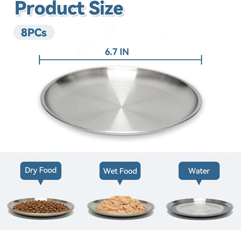 8 Pack Stainless Steel Cat Food Bowls, Cat Dishes Shallow Whisker-Friendly Metal Dishes with Non-Slip Silicone Bottom, Easy to Clean Indoor Feeding Bowls for Cats, Kittens & Small Dogs (6.7")