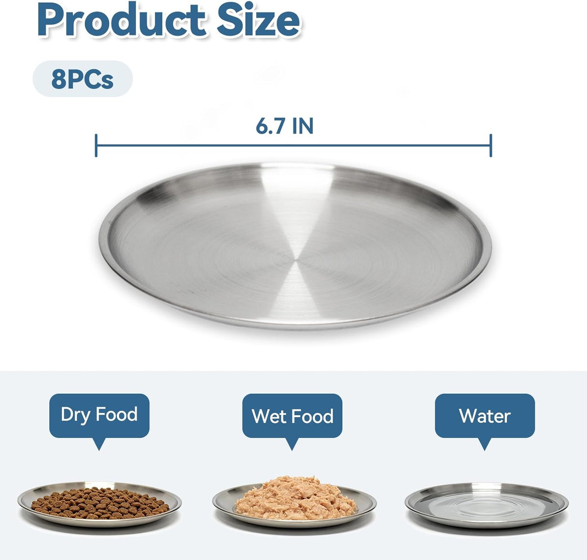 8 Pack Stainless Steel Cat Food Bowls, Cat Dishes Shallow Whisker-Friendly Metal Dishes with Non-Slip Silicone Bottom, Easy to Clean Indoor Feeding Bowls for Cats, Kittens & Small Dogs (6.7")