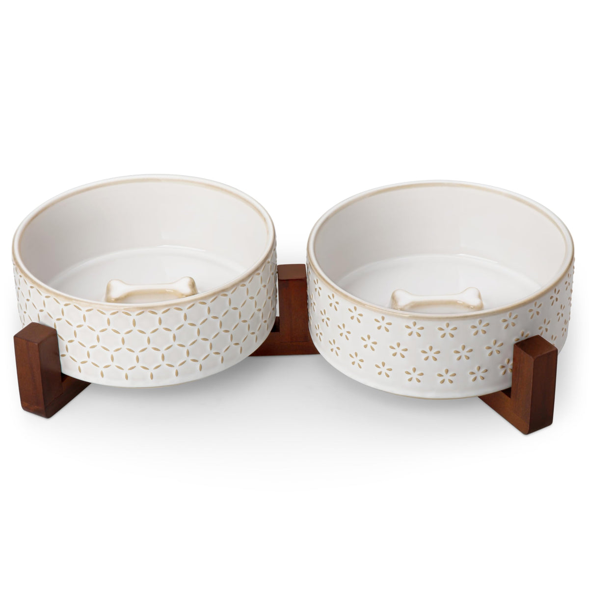 MALACASA Dog Bowl Set, Ceramic Bowls with Walnut Wood Stand, 2 Cups