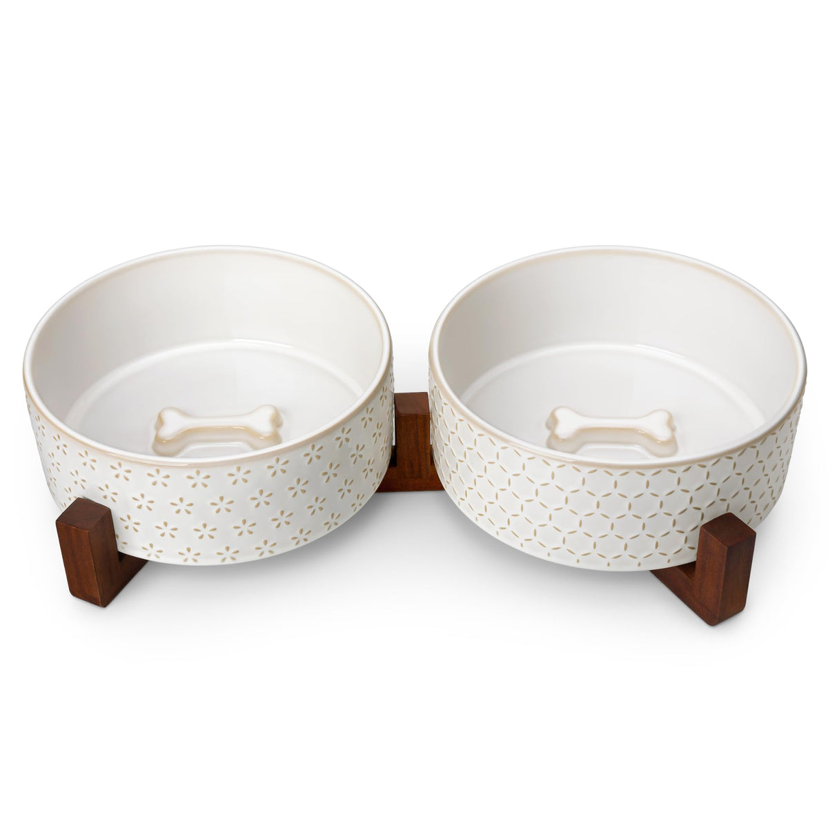 MALACASA Dog Bowl Set, Ceramic Bowls with Walnut Wood Stand, 2 Cups