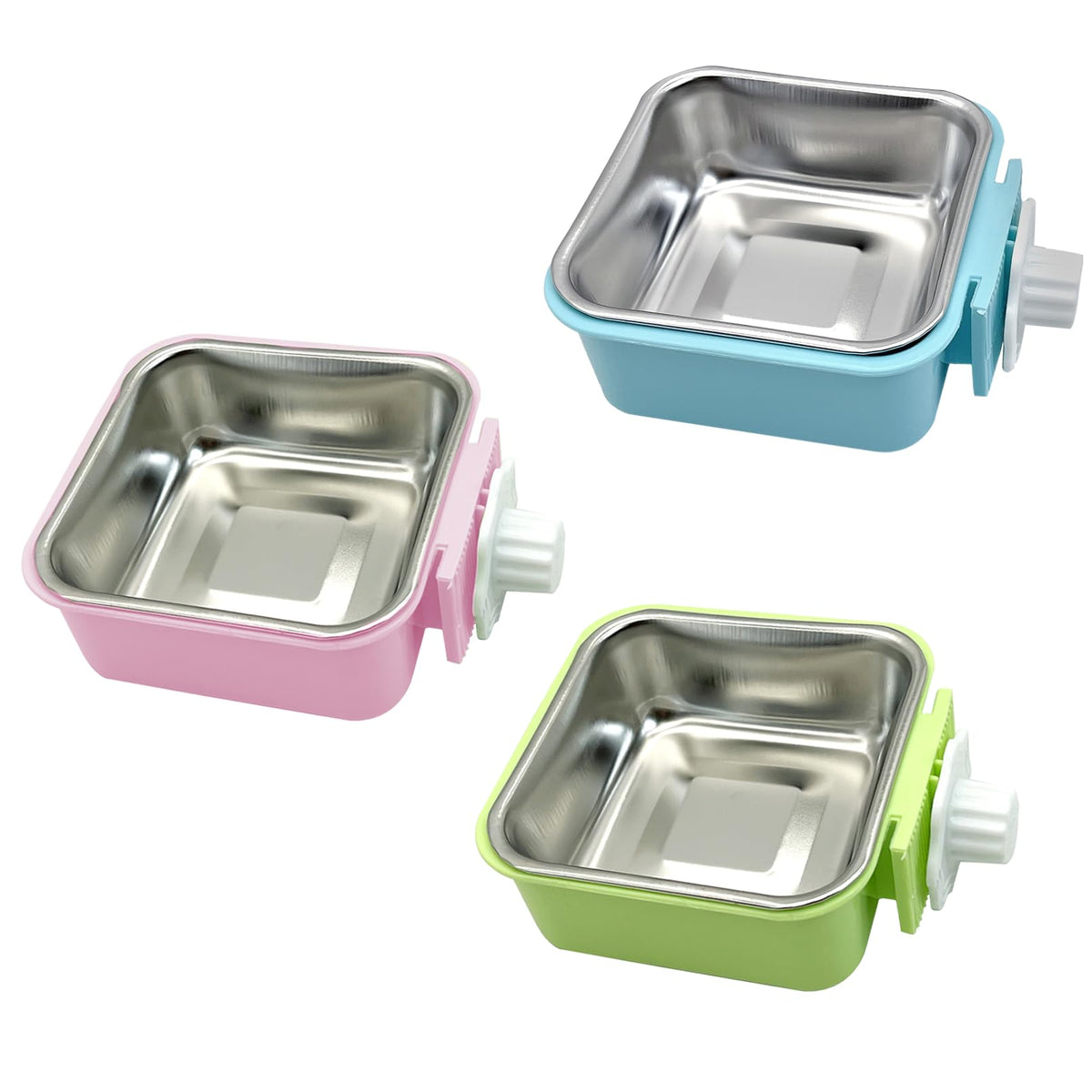 kathson Crate Dog Bowl, Removable Stainless Steel Hanging Pet Kennel Cage Bowl Food & Water Feeder Coop Cup for Puppy, Cat, Rabbit, Guinea Pigs Ferret Bird (2 PCS, Size: M, Blue and Green)