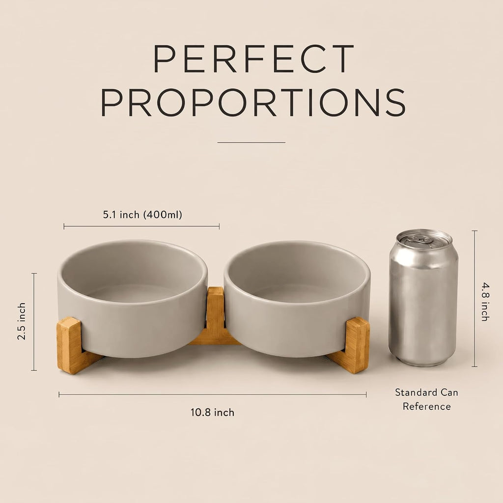 SPUNKYJUNKY Ceramic Dog and Cat Bowl with Wood Stand Non-Slip Matte Glaze Weighted Food Water Set for Cats &Small Dogs 13.5OZ