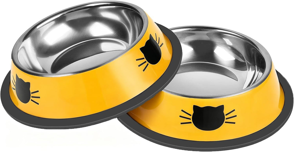 Serentive 2 Pcs Non-Slip Stainless Steel Small Cat Food Bowls - Unbreakable, Thicken 7 Oz Cat Dishes - Indoor, Removable Rubber Base, Easily Clean, Lovely Color