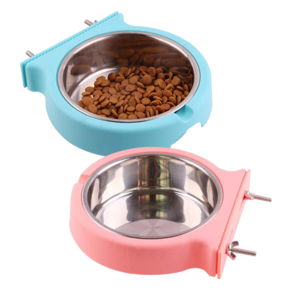kathson Crate Dog Bowl, Removable Stainless Steel Hanging Pet Kennel Cage Bowl Food & Water Feeder Coop Cup for Puppy, Cat, Rabbit, Guinea Pigs Ferret Bird (2 PCS, Size: M, Blue and Green)