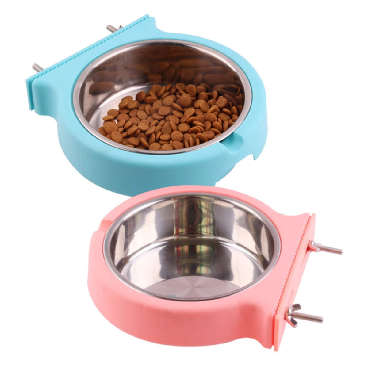 kathson Crate Dog Bowl, Removable Stainless Steel Hanging Pet Kennel Cage Bowl Food & Water Feeder Coop Cup for Puppy, Cat, Rabbit, Guinea Pigs Ferret Bird (2 PCS, Size: M, Blue and Green)