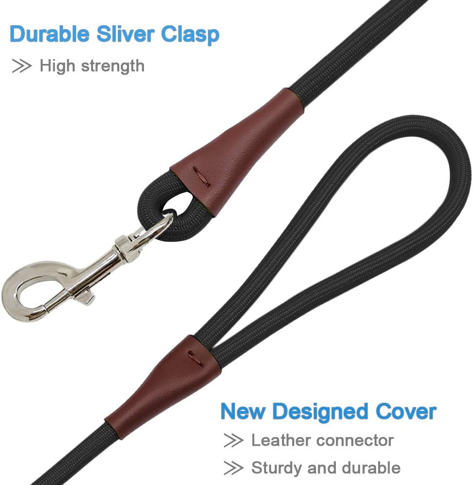 MayPaw 4/6 /8/10 FT Dog Leash, Classic Solid Colors, Strong Nylon Rope Dog Leash Reinforced with Leather Tailor Connection Heavy Duty Silver Clasp (Black, 10ft*1/2")
