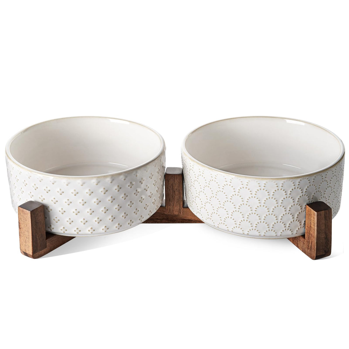 LE TAUCI Dog Bowl Set with Acacia Wood Stand - 1.8-Cup Ceramic Puppy Bowls for Small Dogs, Dual Food and Water Bowls with Weighted Non-Slip Base