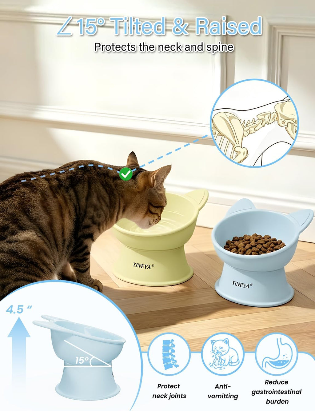 YINEYA 2 Pack Cat Food Bowls Elevated Design for Neck Comfort & Digestion