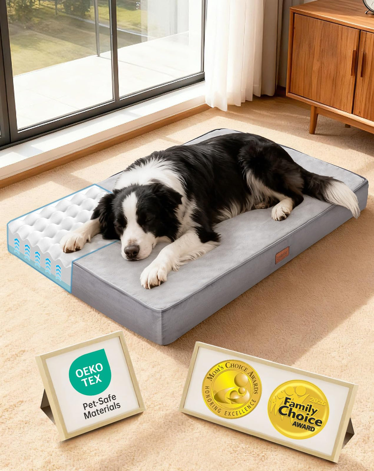 OhGeni Orthopedic Large Dog Bed, Reversible Memory Foam, 41 inch-XL(Gray)