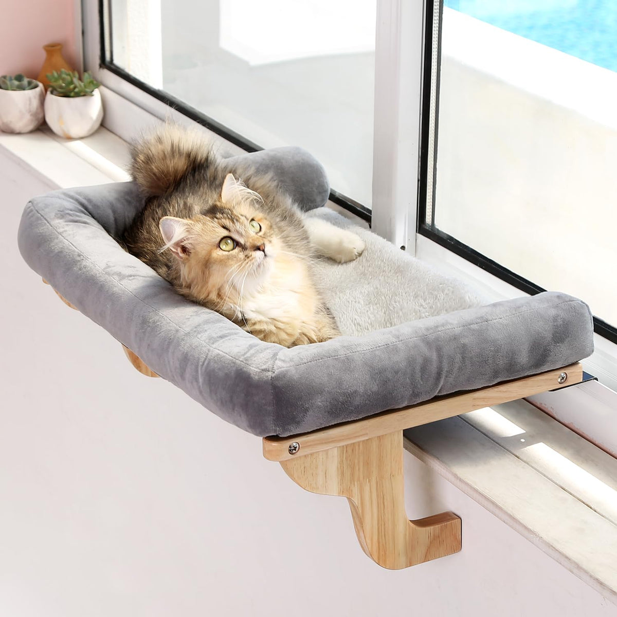 Zakkart Cat Perch for Windowsill with Bolsters (Dark Stained/Gray, L)