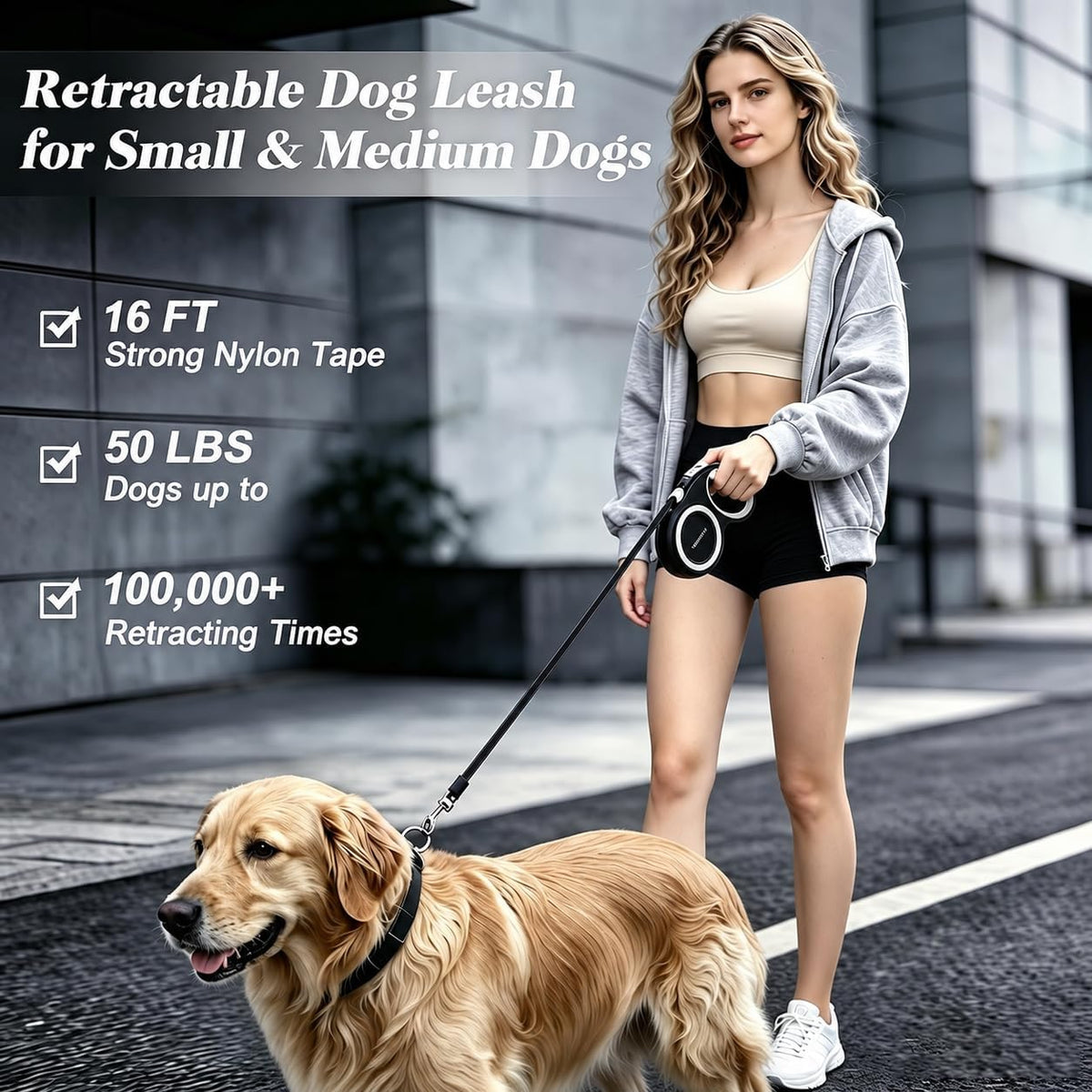 Retractable Dog Leash with Stainless Steel Anti-Chew Cable for Small & Medium Dogs up to 50 lbs | 16 ft Strong Nylon Reflective Tape | Quick Lock System (Medium, White)