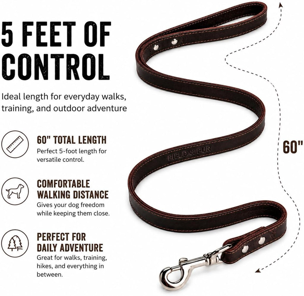 FIELD & FUR Full Grain Leather Dog Leash — Heavy Duty Brown Flat Leather Lead, 5 FT Long, 3/4" Wide, Solid Metal Hardware, for Walking, Training & Hiking with Medium & Large Dogs