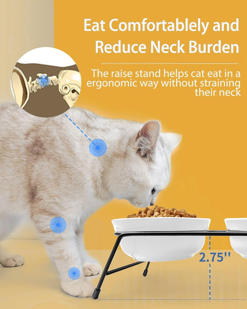 Anti-Vomiting Raised Cat Bowls - 2 × 13 oz Ceramic Cat Food & Water Bowls with Non-Slip Stainless Steel Stand, Dishwasher Safe for Indoor Cats