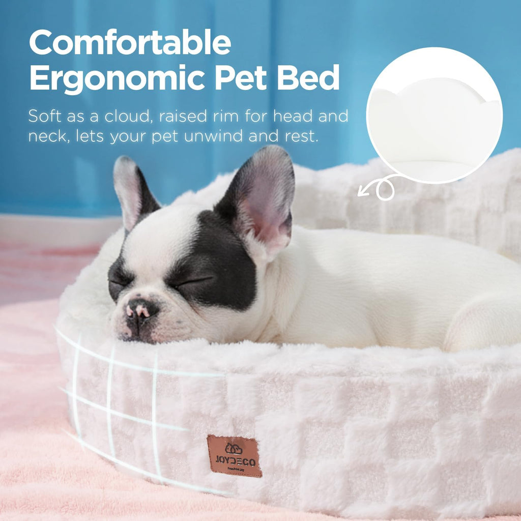 Joydeco Cloud Dog Bed for Small Dogs & Cats, Washable Pet Bed with Orthopedic Foam and Removable Checkered Plush Pad, Non-Slip Bottom for Indoor Puppies and Kittens, 27x24 Inch, White