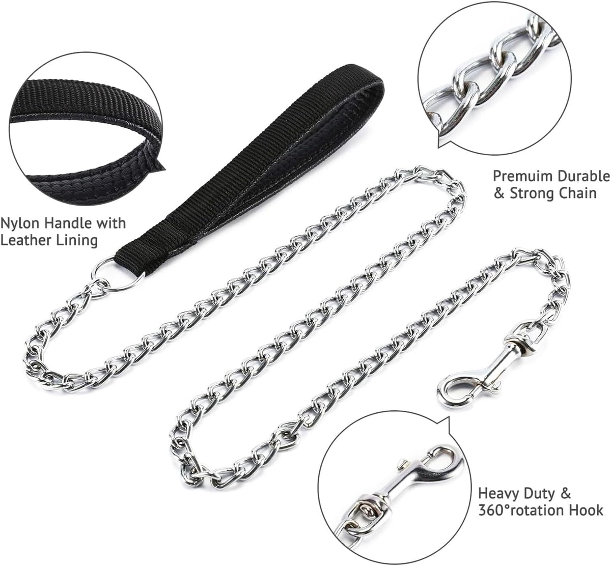 Chain Leash Metal Dog Leash Chrome Plated with Soft Padded Handle for Small Dogs.(S, Black Handle)