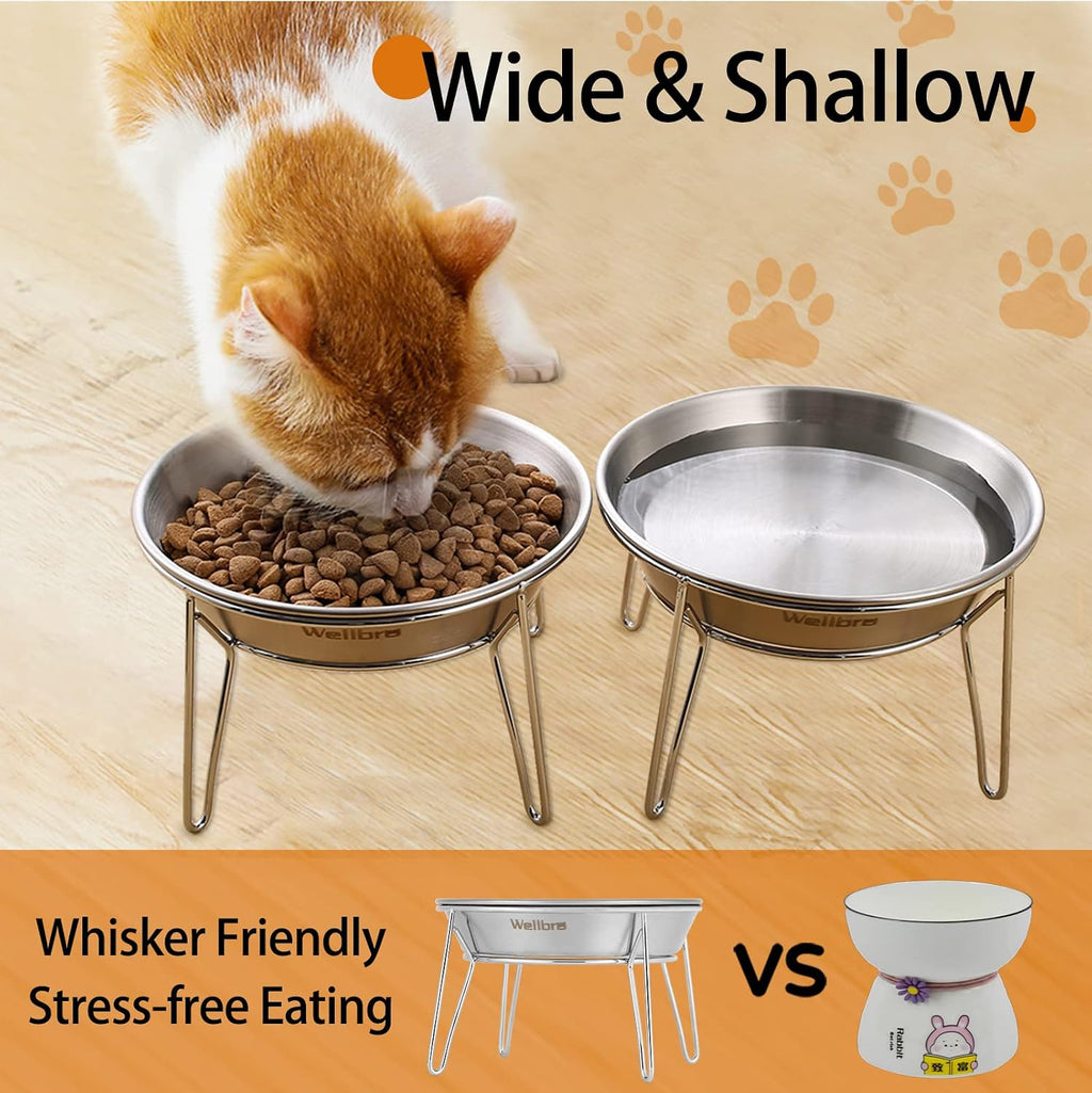 Elevated Cat Bowls, Wide Stainless Steel Cat Food Bowls with Metal Stand Whisker Stress-Free, Raised Food and Water Dish for Cats, Kitten, Puppies and Small Dogs