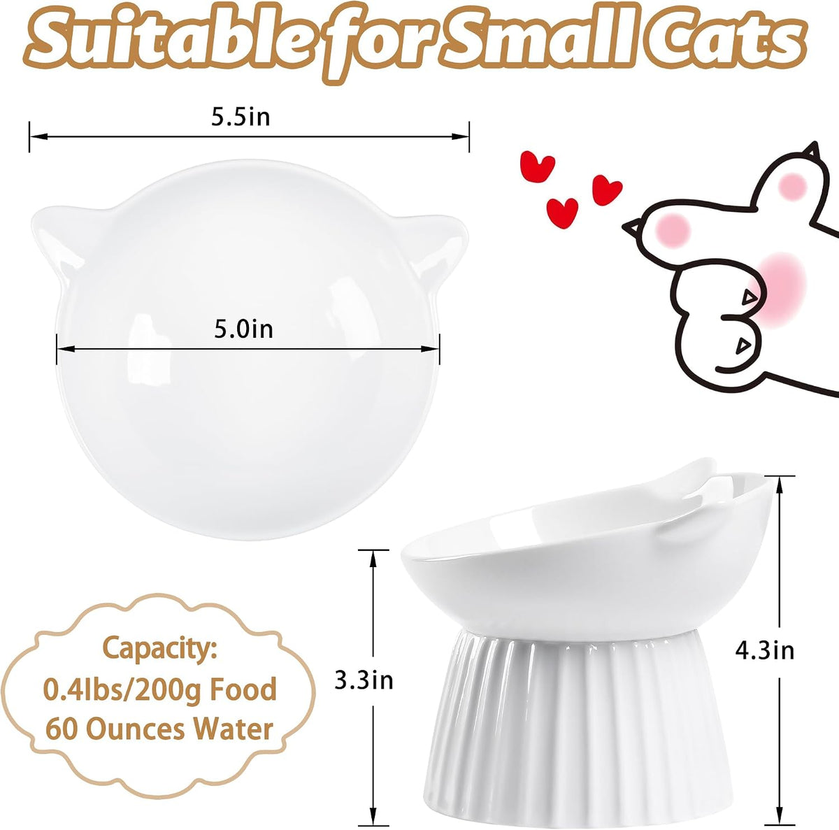 Ceramic Raised Cat Bowl，Tilted Raised Cat Bowl Anti Vomit Cat Bowls for Indoor Cats Whisker Friendly Pet Feeder for Cats Puppies, Microwave and Dishwasher Safe