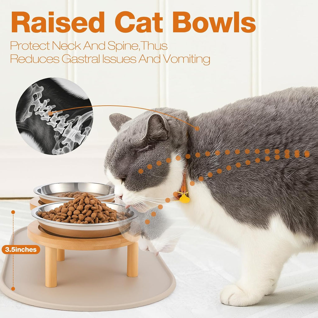 Elevated Cat Bowls with Food Mat,6.3 Inches Shallow Raised Bowls Whisker Friendly,2 Stainless Steel Cat Food and Water Dishes for Cats and Puppies,Dishwasher Safe