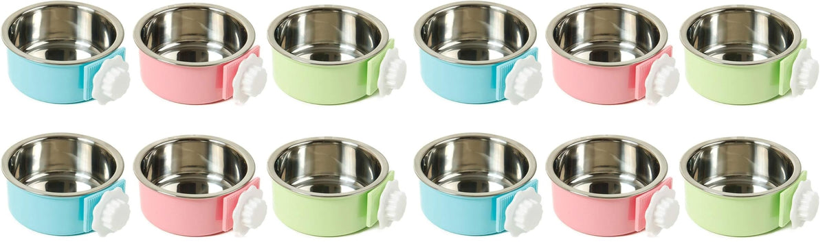 kathson Crate Dog Bowl, Removable Stainless Steel Hanging Pet Kennel Cage Bowl Food & Water Feeder Coop Cup for Puppy, Cat, Rabbit, Guinea Pigs Ferret Bird (2 PCS, Size: M, Blue and Green)