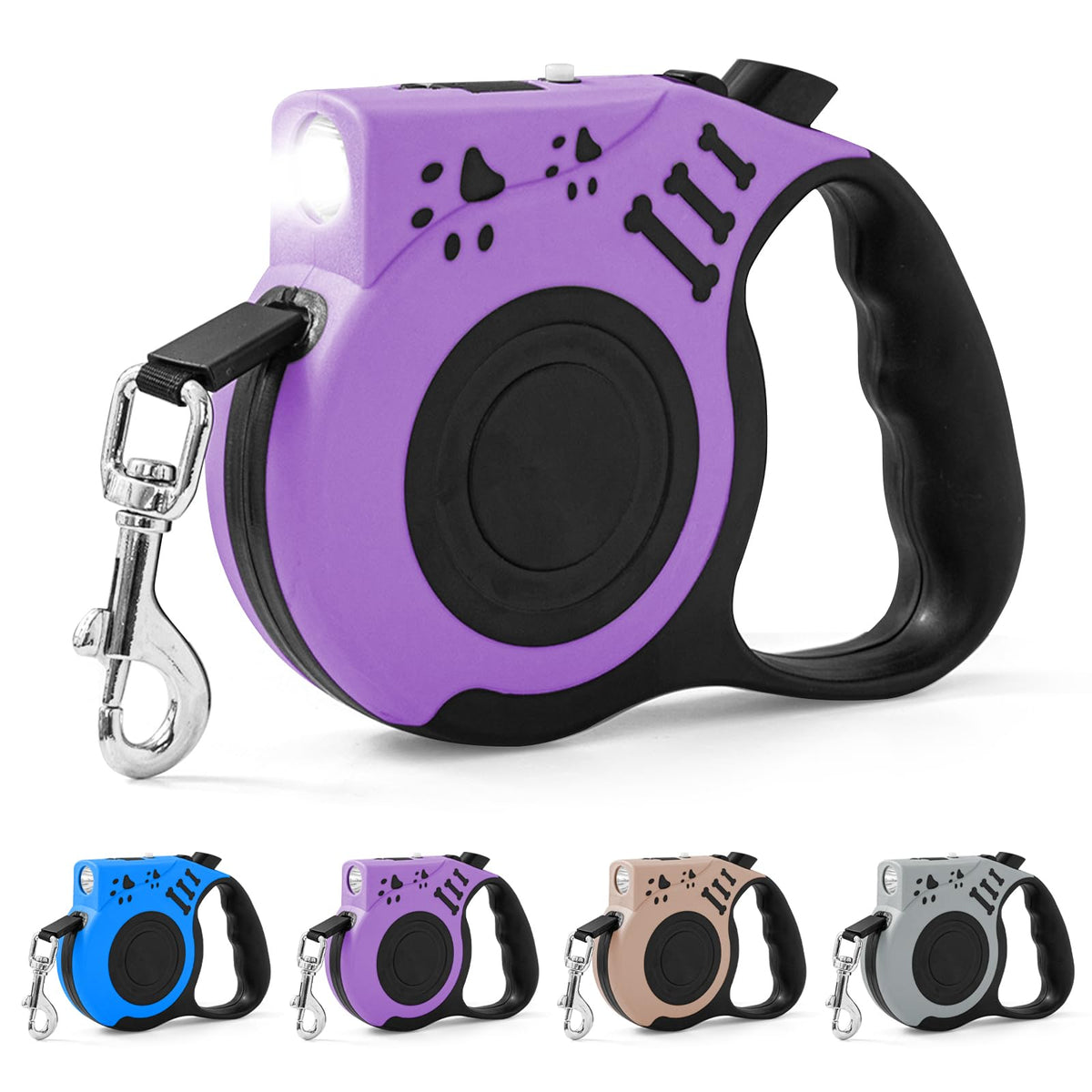 Retractable Dog Leash with USB Rechargeable Flashlight, Purple