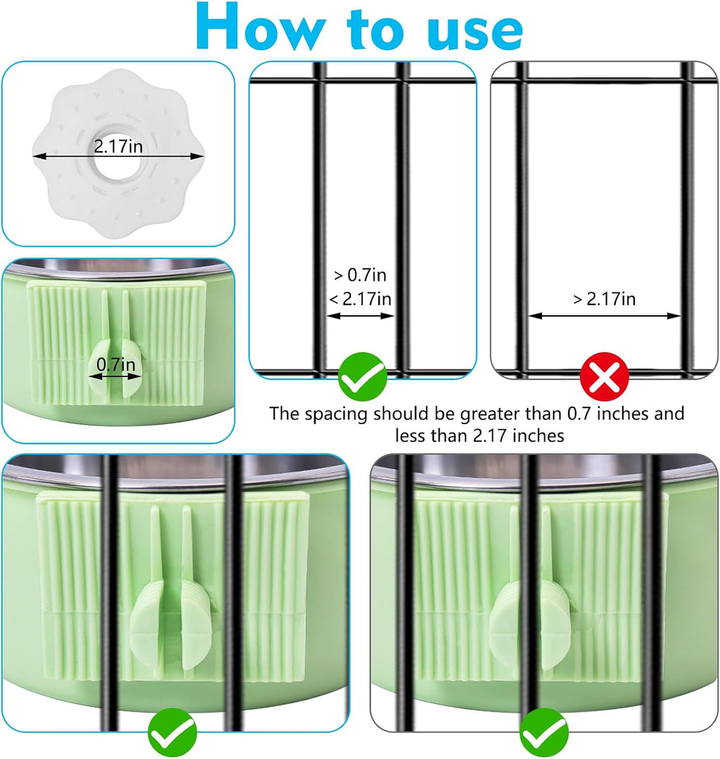 kathson Crate Dog Bowl, Removable Stainless Steel Hanging Pet Kennel Cage Bowl Food & Water Feeder Coop Cup for Puppy, Cat, Rabbit, Guinea Pigs Ferret Bird (2 PCS, Size: M, Blue and Green)