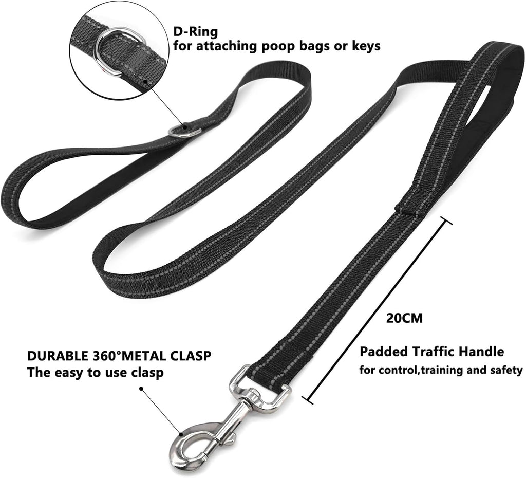 6 FT Black Nylon Reflective Dog Leash for Large Dogs with 2 Padded Handle