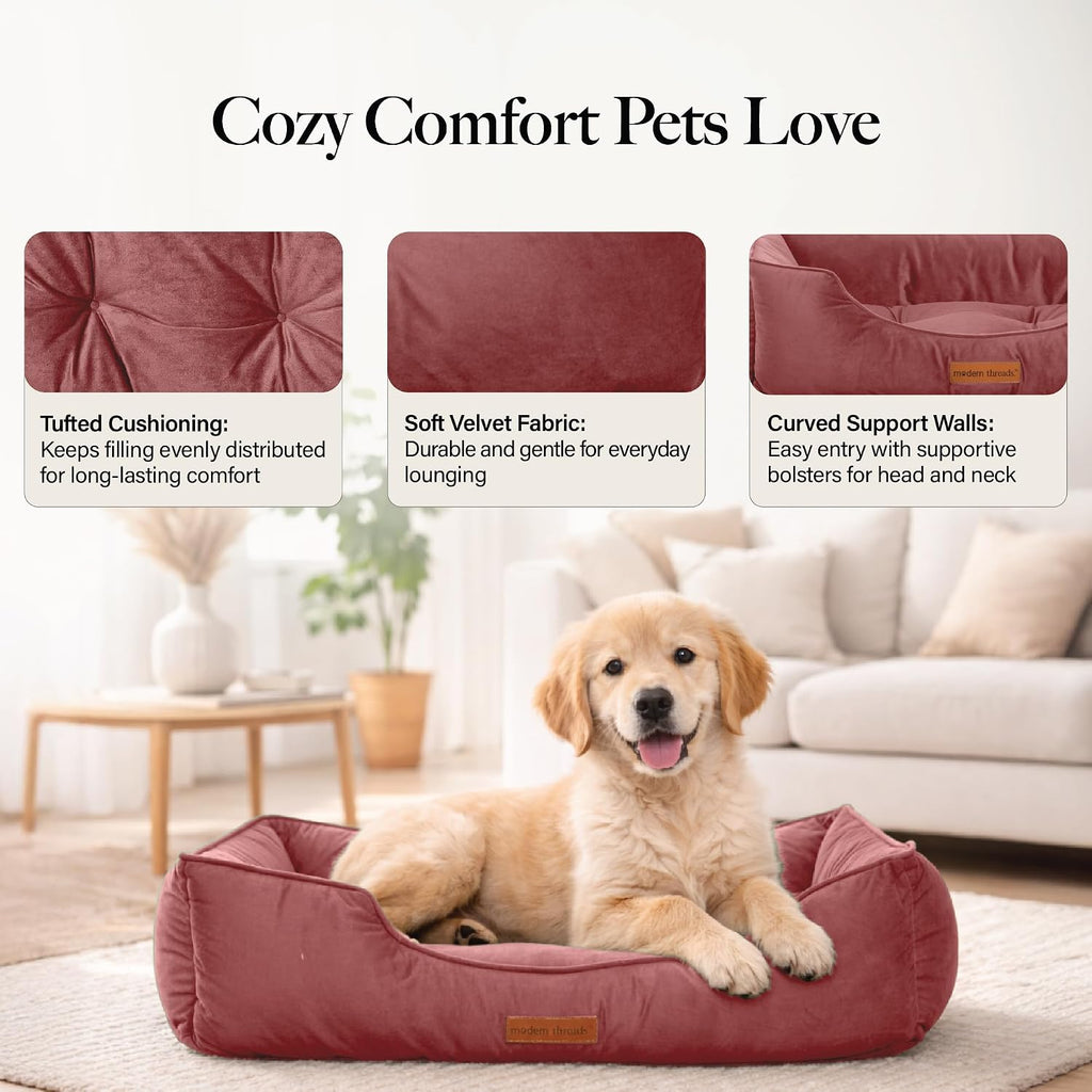 Modern Threads Luxury Dog Bed - Comfortable Tufted Velvet Cushion for Small to Large Dogs - Machine Washable - Durable & Cute Sleep Space for Pets - Pamper Your Pet with Cozy Beds - Rosewood