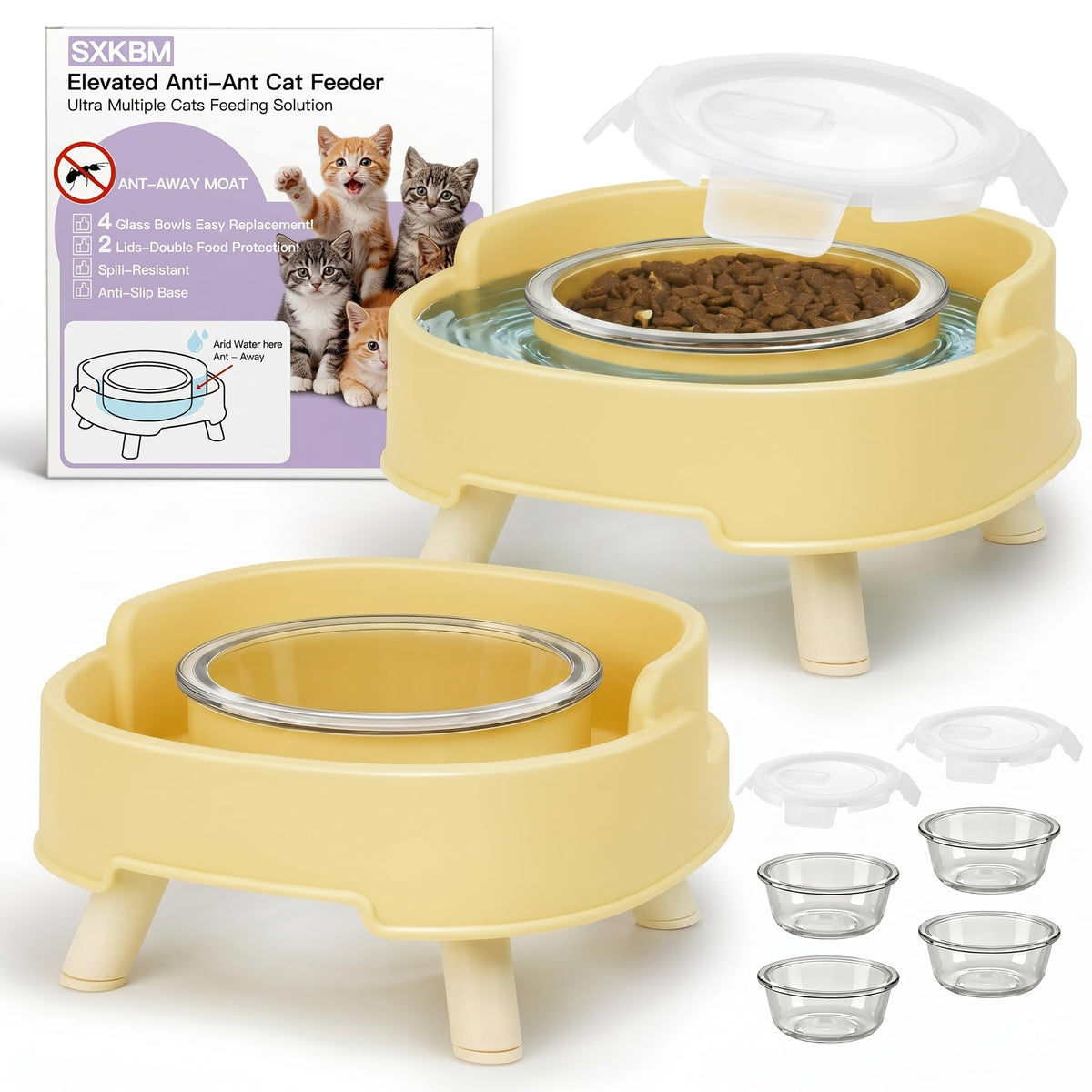 2 Pack Ant Not Cross Elevated Cat Bowls Mess Proof-4 Food Grade Glass Bowls & 2 Lids- No Spill Cat Food and Water Feeding Station for Cats&Puppy Indoor & Outdoor,No Whisker Fatigue Dish,Green