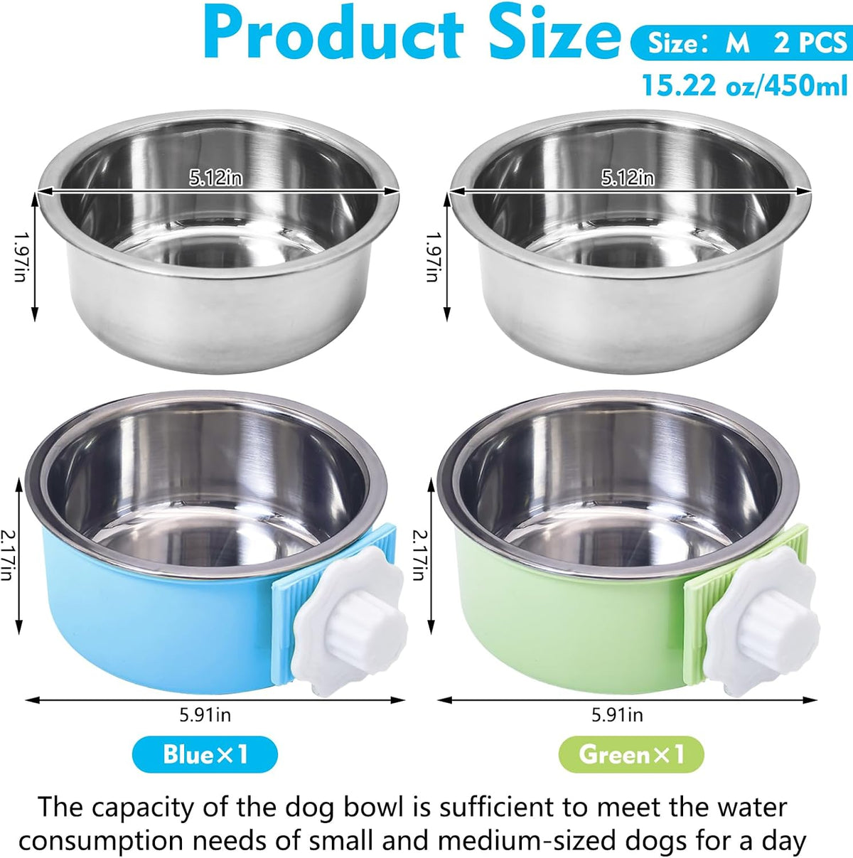 kathson Crate Dog Bowl, Removable Stainless Steel Hanging Pet Kennel Cage Bowl Food & Water Feeder Coop Cup for Puppy, Cat, Rabbit, Guinea Pigs Ferret Bird (2 PCS, Size: M, Blue and Green)