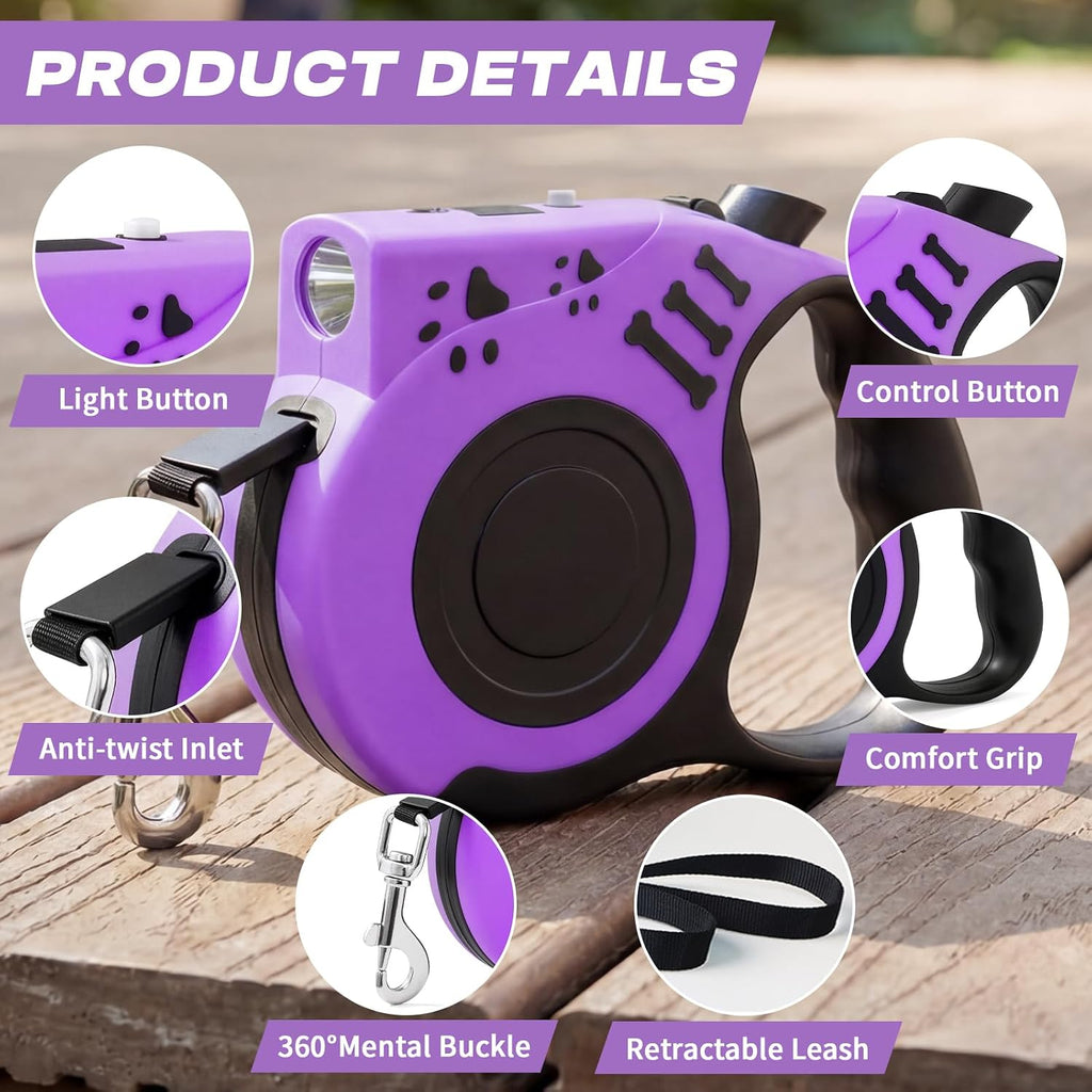 Retractable Dog Leash with USB Rechargeable Flashlight, Purple