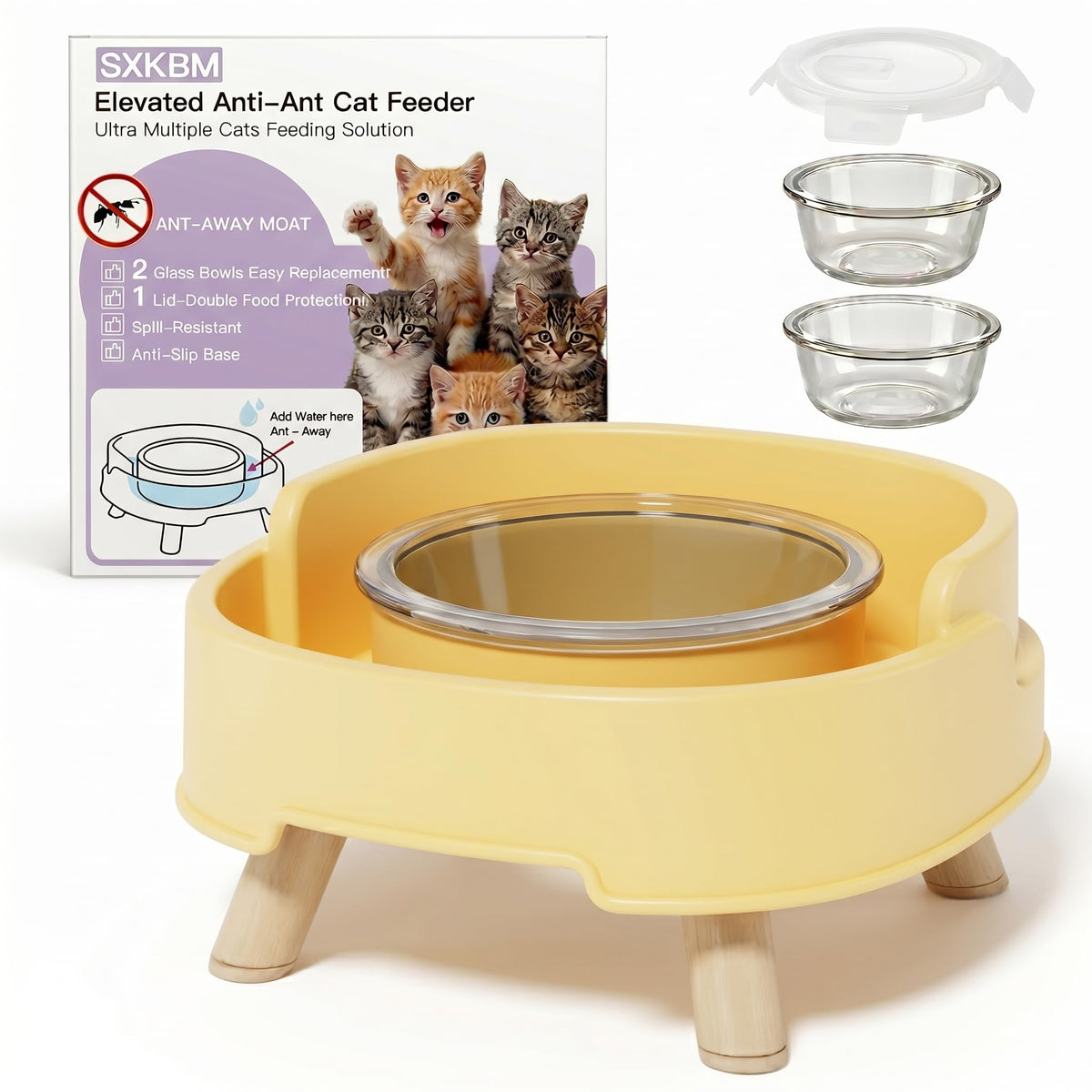 2 Pack Ant Not Cross Elevated Cat Bowls Mess Proof-4 Food Grade Glass Bowls & 2 Lids- No Spill Cat Food and Water Feeding Station for Cats&Puppy Indoor & Outdoor,No Whisker Fatigue Dish,Green