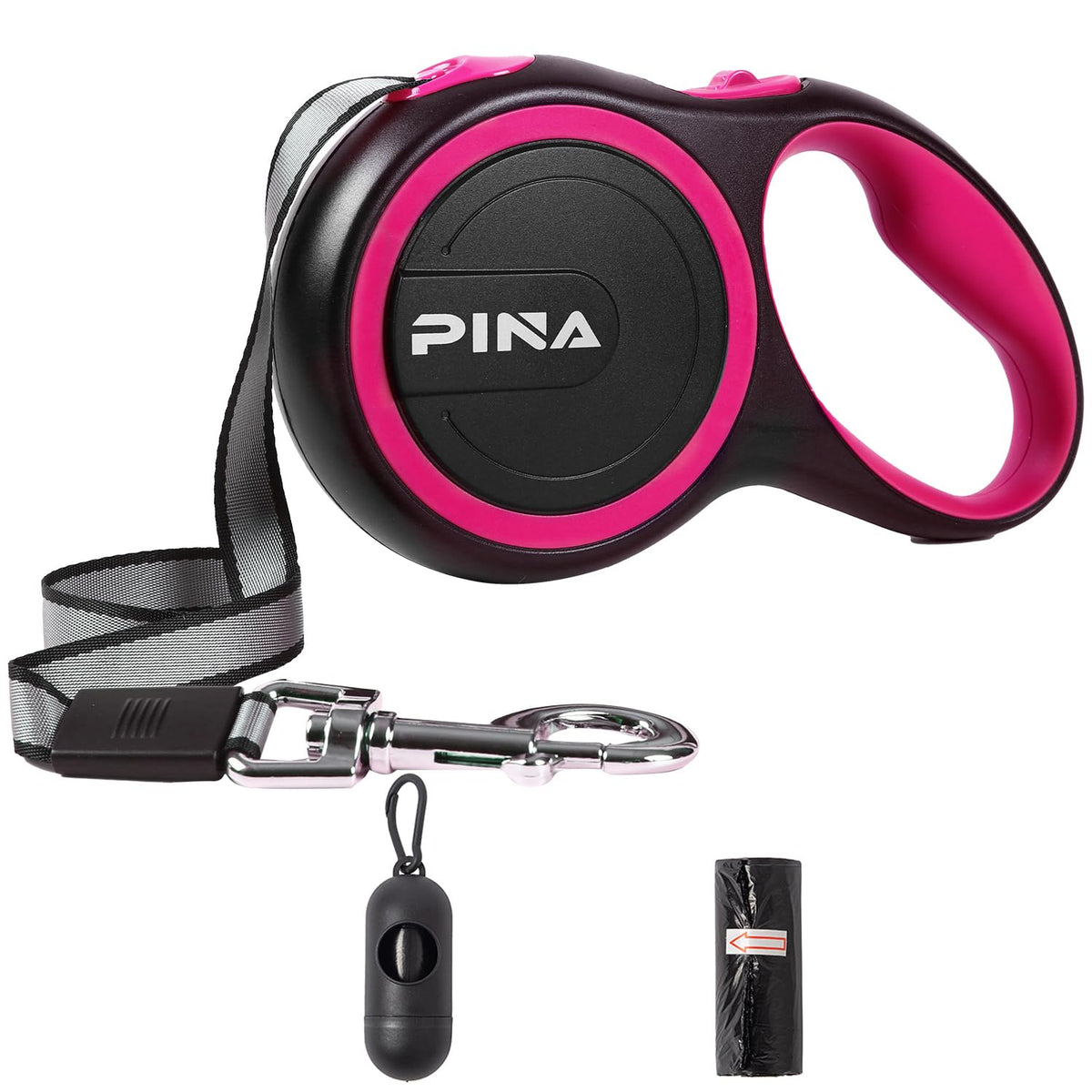 PINA Retractable Dog Leash, 26ft Dog Leash for Small Medium Large Dogs Up to 110lbs, 360° Tangle-Free Strong Reflective Nylon Tape, with Anti-Slip Handle, One-Handed Brake, Lock - Black Blue
