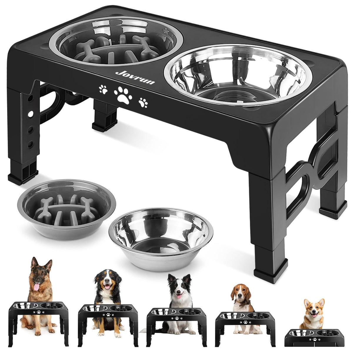 Jovrun Elevated Dog Bowls for Small Dogs and Cats, Non-Slip Cat Bowls with 2 Thick 5.5" Stainless Steel Dishes, Dog Feeder 2 Heights Adjustable to 2.6"-5.3"