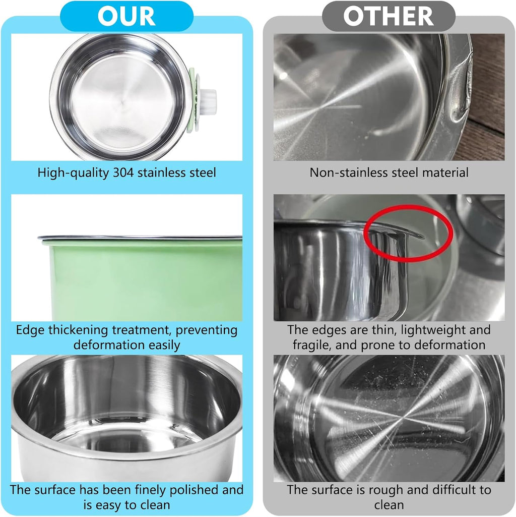 kathson Crate Dog Bowl, Removable Stainless Steel Hanging Pet Kennel Cage Bowl Food & Water Feeder Coop Cup for Puppy, Cat, Rabbit, Guinea Pigs Ferret Bird (2 PCS, Size: M, Blue and Green)