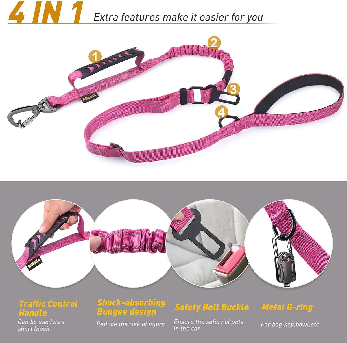 AUBELL Tactical Dog Leash Heavy Duty,4-6ft No Pull Bungee Leash,Pink