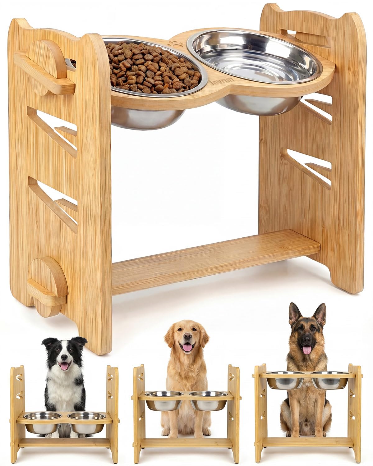 Jovrun Elevated Dog Bowls, Adjustable Raised Dog Bowl Stand for Small Size Dogs and Cats, 15°Tilted Elevated Cat Bowls, Durable Bamboo Dogs Feeder with 2 Stainless Steel Bowls and Non-Slip Feet