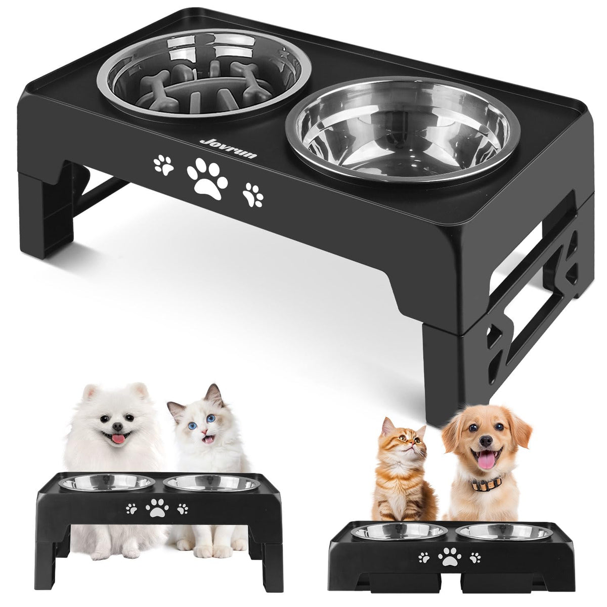 Jovrun Elevated Dog Bowls for Small Dogs and Cats, Non-Slip Cat Bowls with 2 Thick 5.5" Stainless Steel Dishes, Dog Feeder 2 Heights Adjustable to 2.6"-5.3"