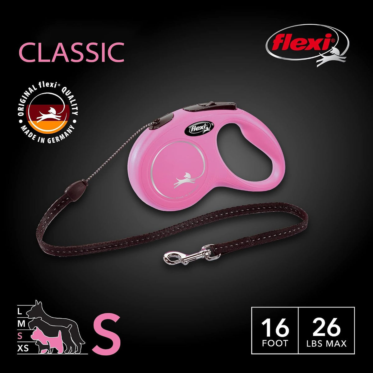 FLEXI® Classic Cord Retractable Dog Leash, Small, 16 ft - Pink