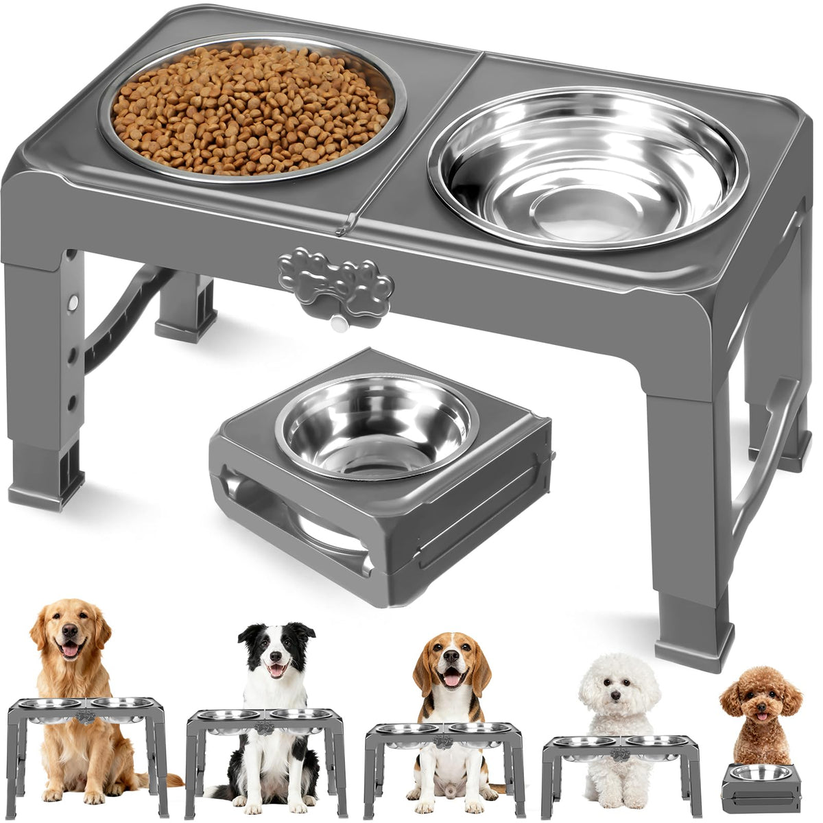 COMESOON Elevated Dog Bowls for Small Medium Dogs, 3 Height Adjustable Raised Stand with 2 Thick 6" Stainless Steel Food Bowls, Non-Slip Feeder Adjusts to 2.75", 6", 7.5", Black
