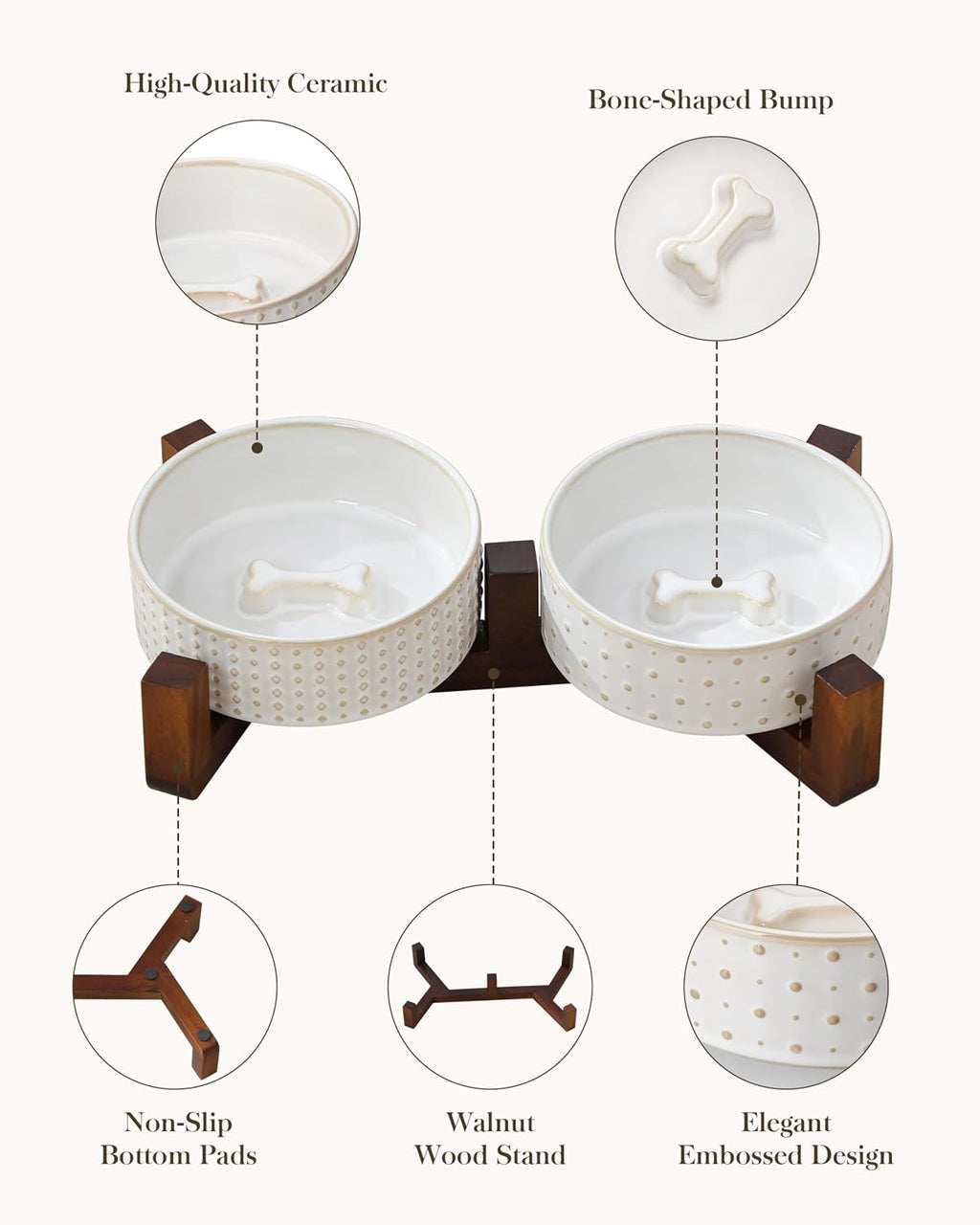 MALACASA Dog Bowl Set, Ceramic Bowls with Walnut Wood Stand, 2 Cups