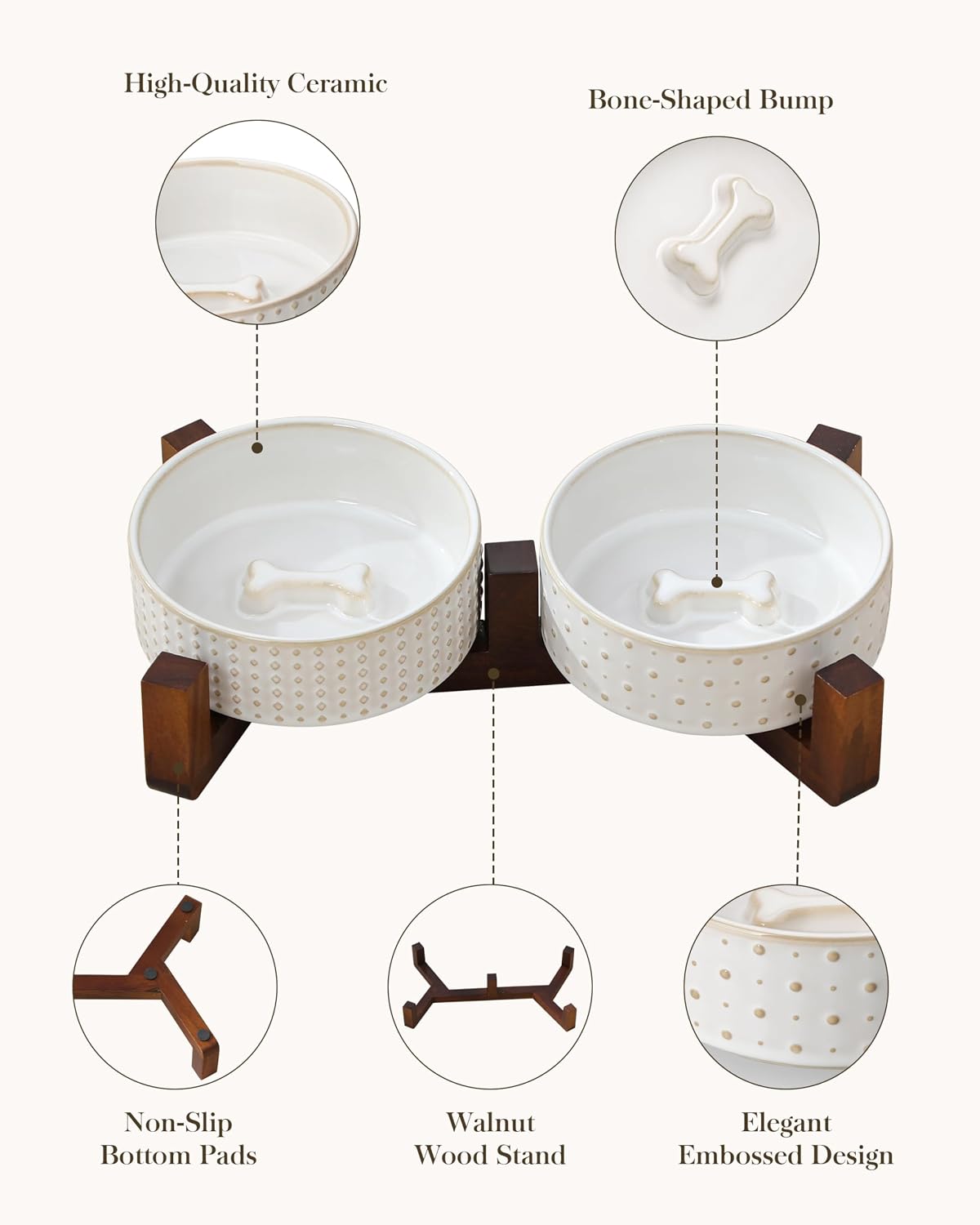 MALACASA Dog Bowl Set, Ceramic Bowls with Walnut Wood Stand, 2 Cups
