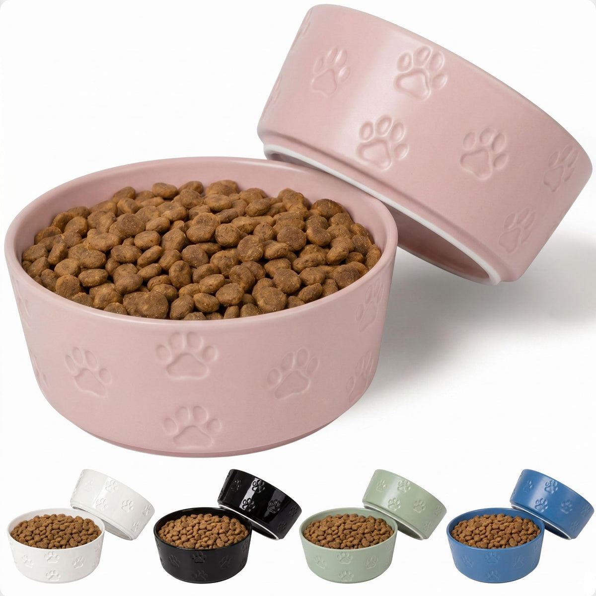 Ceramic Dog Bowl Set of 2 with Anti-Skid Base, 5.5"W x 2"H, 2 Cup Capacity