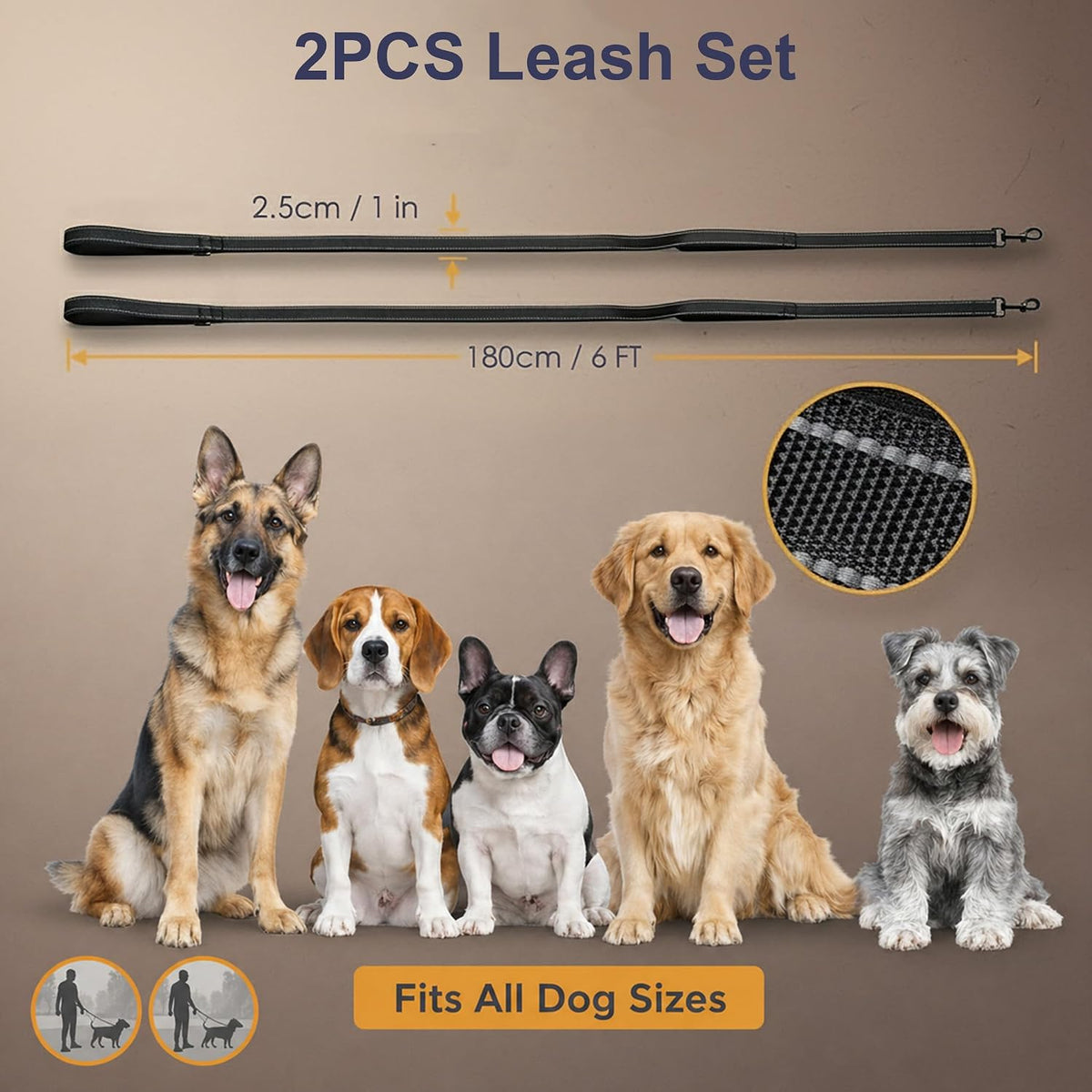 2 Pack Dog Leash, 6 FT Heavy Duty Dual Handle Reflective Leash for Dogs