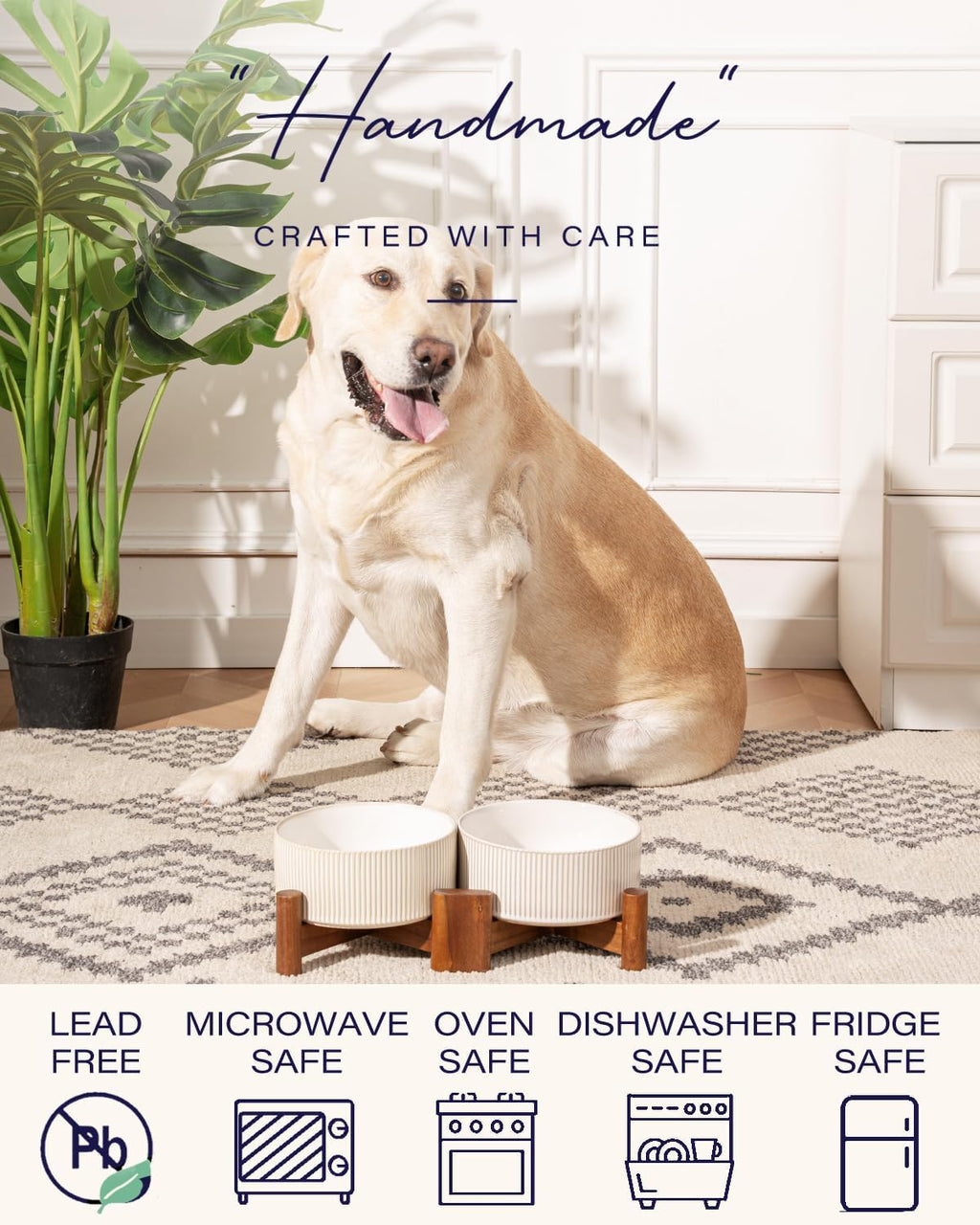 Getstar Ceramic Dog Bowls Set with Acacia Wood Stand, 3.5 Cups Pet Bowls Set of 2 for Medium Dogs, Cute Dog Raised Food Bowl, Cat Bowls