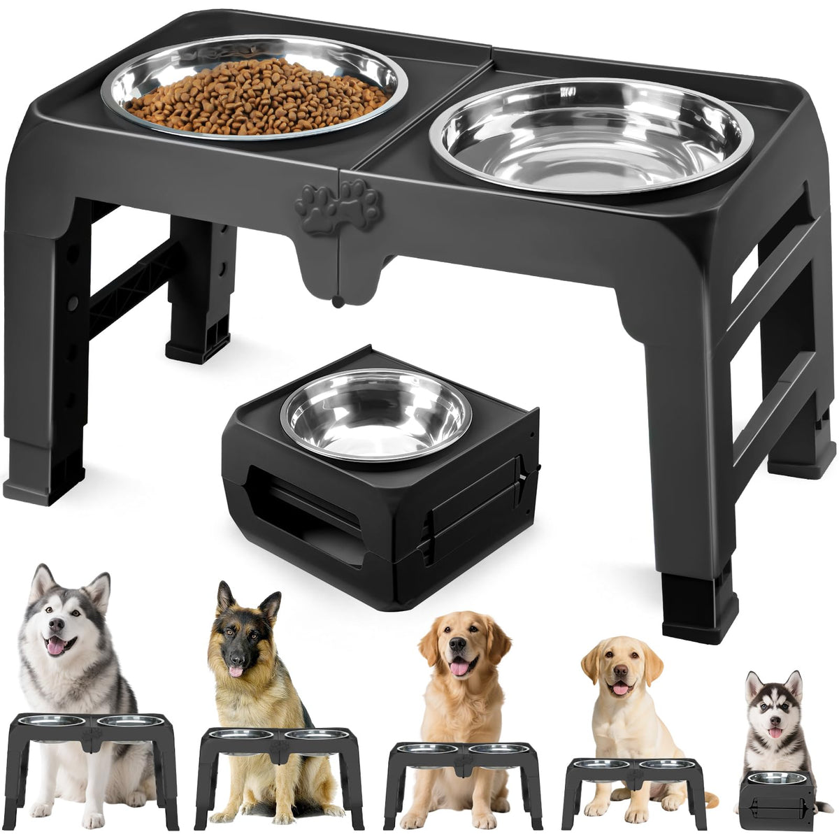 COMESOON Elevated Dog Bowls for Small Medium Dogs, 3 Height Adjustable Raised Stand with 2 Thick 6" Stainless Steel Food Bowls, Non-Slip Feeder Adjusts to 2.75", 6", 7.5", Black