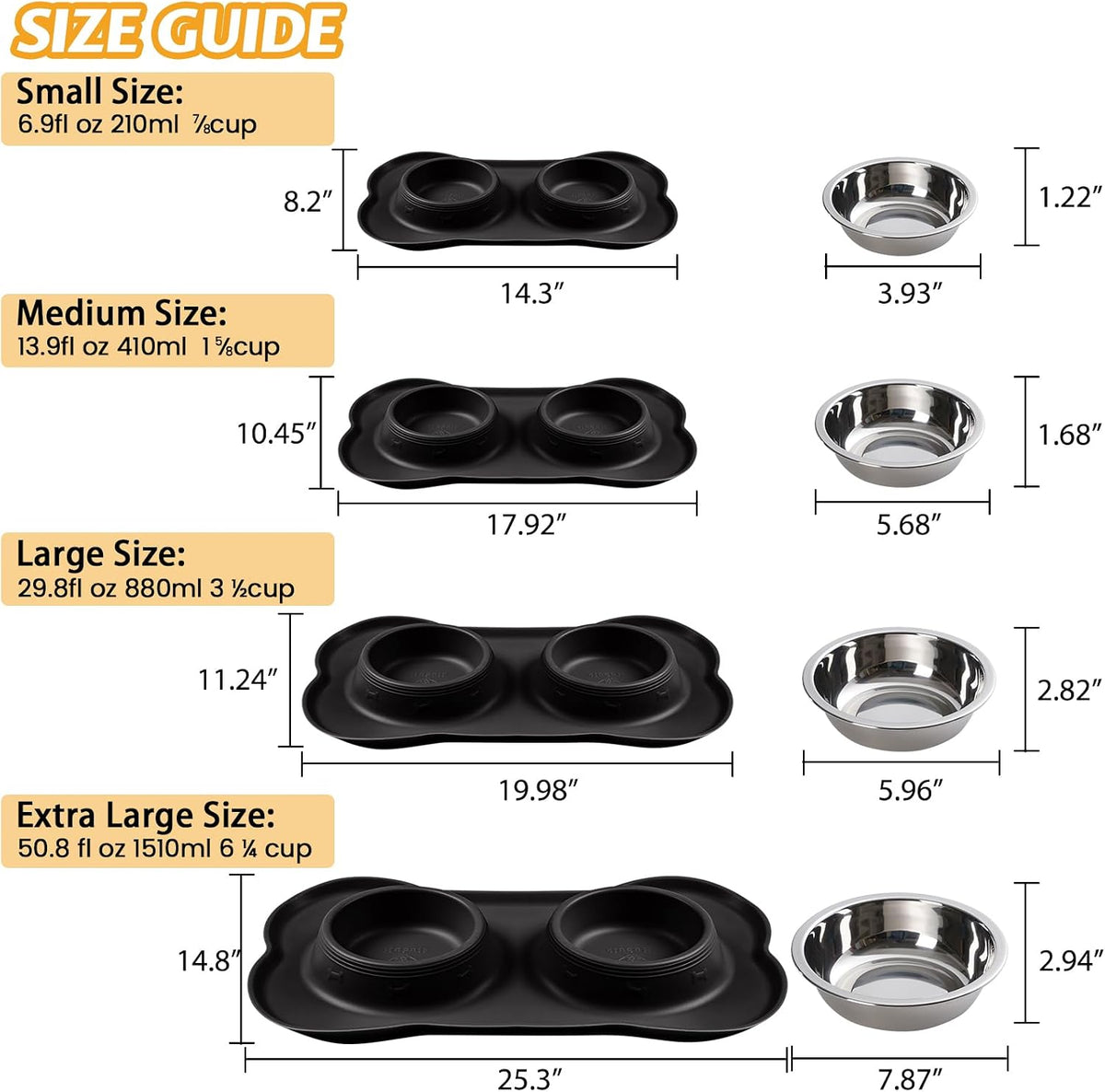 Hubulk Pet Dog Bowls 2 Stainless Steel Dog Bowl with No Spill Non-Skid Silicone Mat + Pet Food Scoop Water and Food Feeder Bowls for Feeding Small Medium Large Dogs Cats Puppies (S, Black)