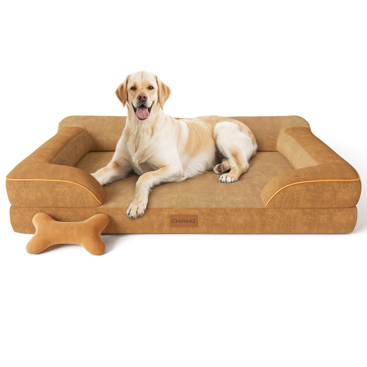 CWAWZ Extra Large Dog Bed, Orthopedic Dog Bed with Cooling Gel Memory Foam, Waterproof XL Pet Bed with Removable Washable Cover, 42" Pet Sofa Couch Dutch Velvet with Bone Toy, Light Gray