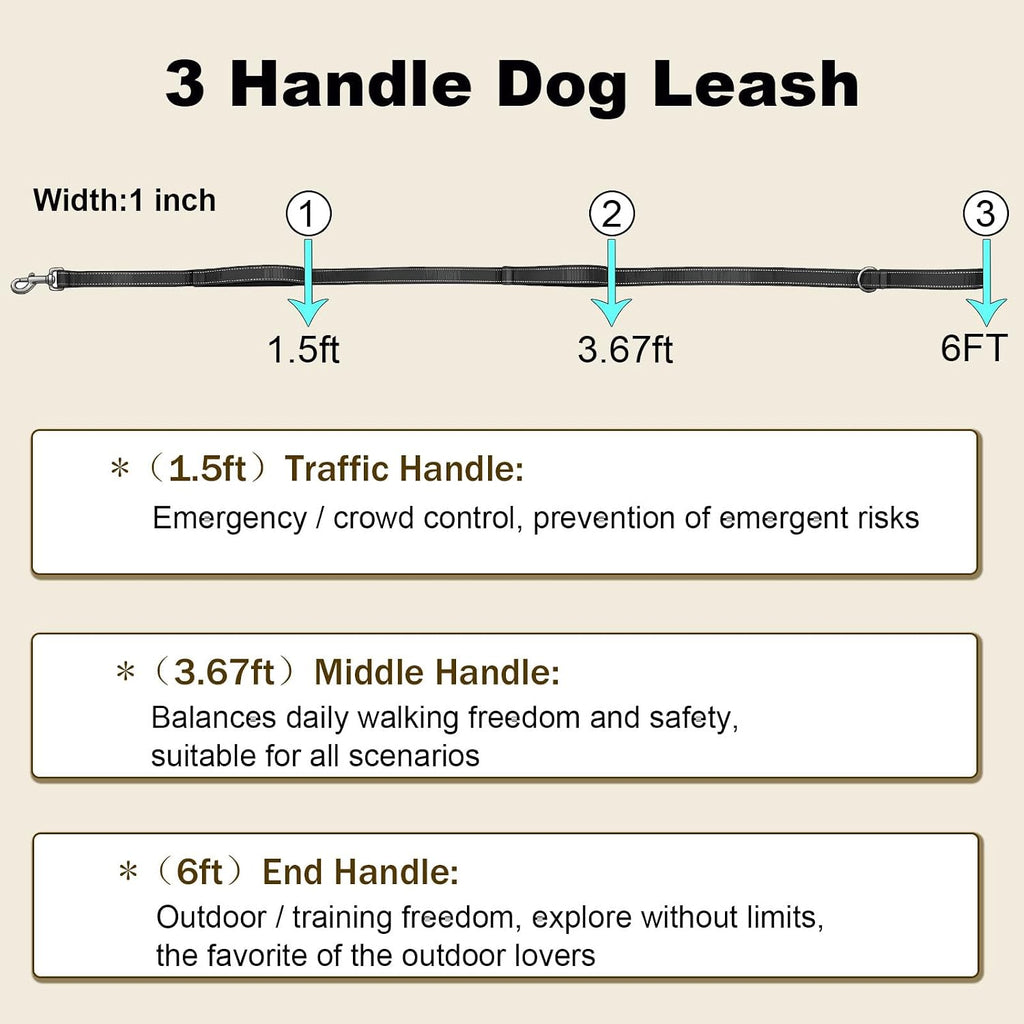 Triple Handle 6FT 1IN Dog Leash, Heavy Duty Strong Nylon, Hot Pink