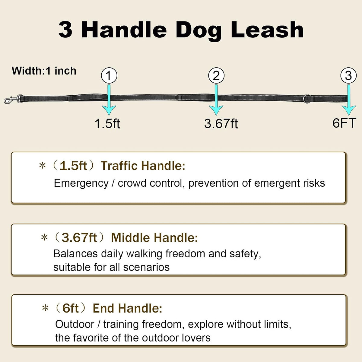 Triple Handle 6FT 1IN Dog Leash, Heavy Duty Strong Nylon, Hot Pink